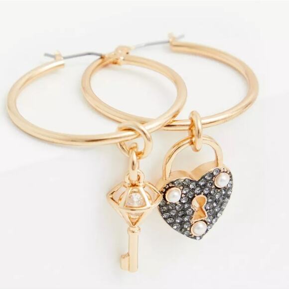 TORRID & Betsey Johnson Momento Mori Gold Hoop Heart Lock + Key Earrings - Picture 1 of 12